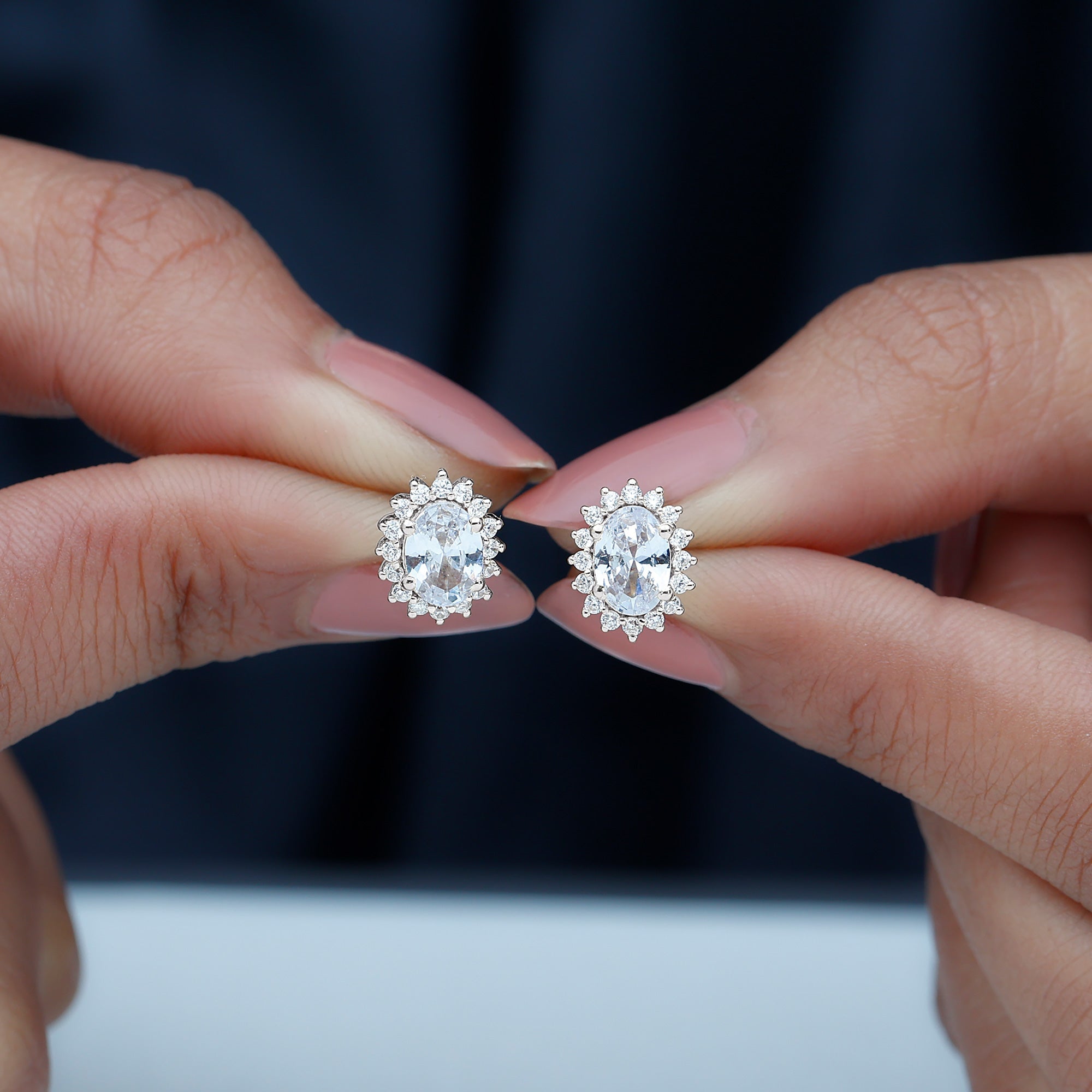 Certified 2 Carat Oval Cubic Zirconia Halo Stud Earrings in Silver