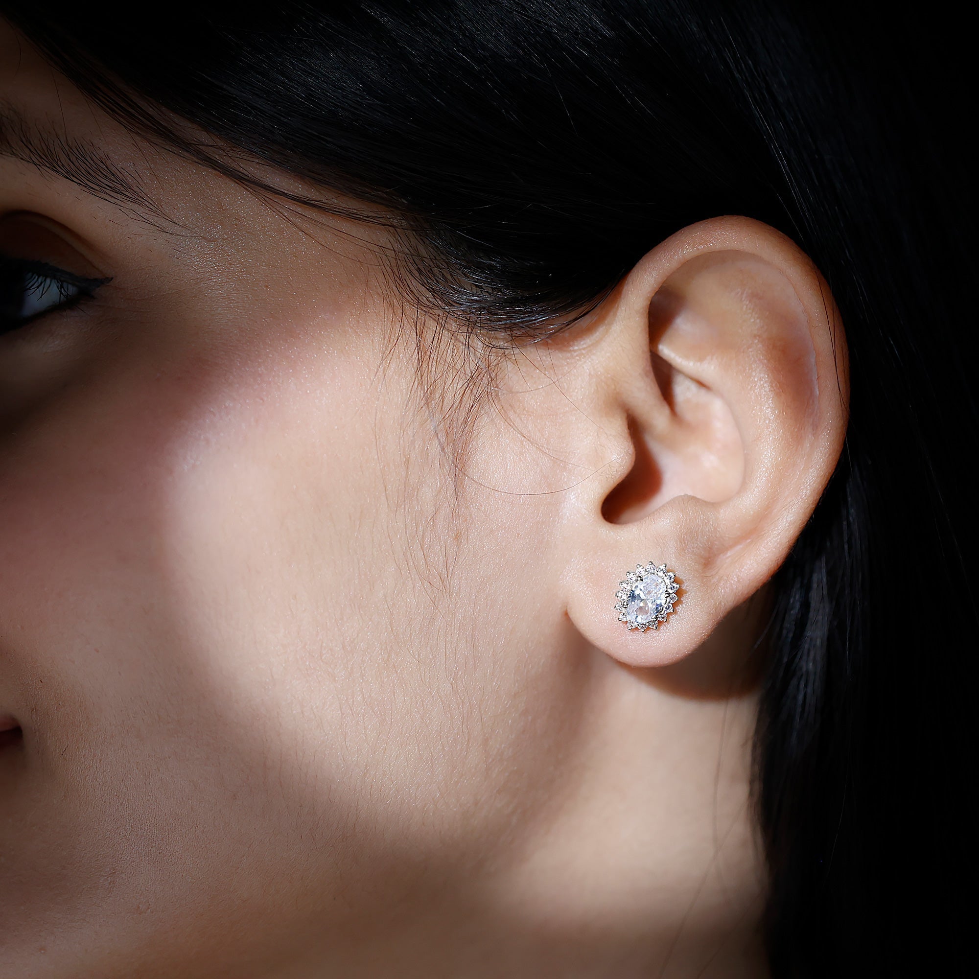 Certified 2 Carat Oval Cubic Zirconia Halo Stud Earrings in Silver