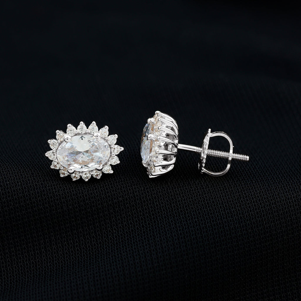 Certified 2 Carat Oval Cubic Zirconia Halo Stud Earrings in Silver