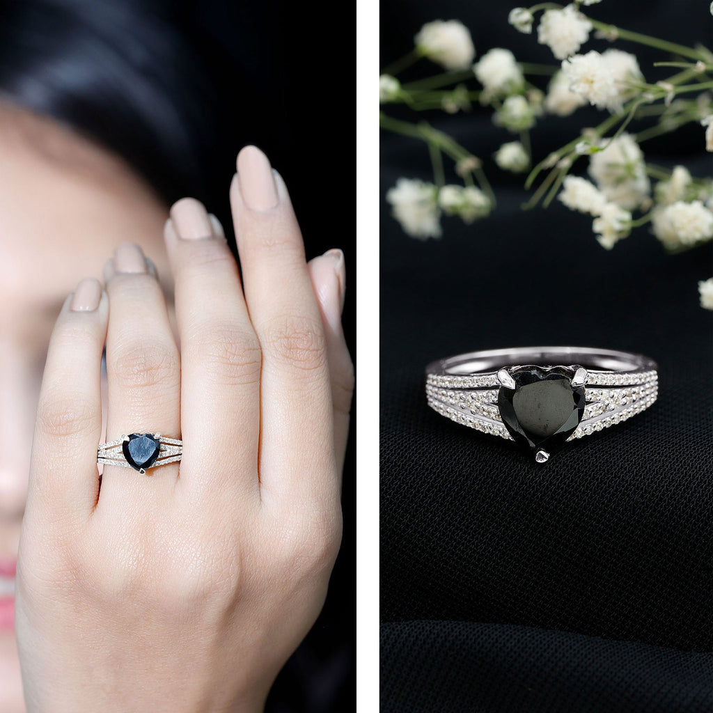 Certified 2.4 Carat Lab Grown Black Diamond Heart Engagement Ring with White Diamond Split Shank