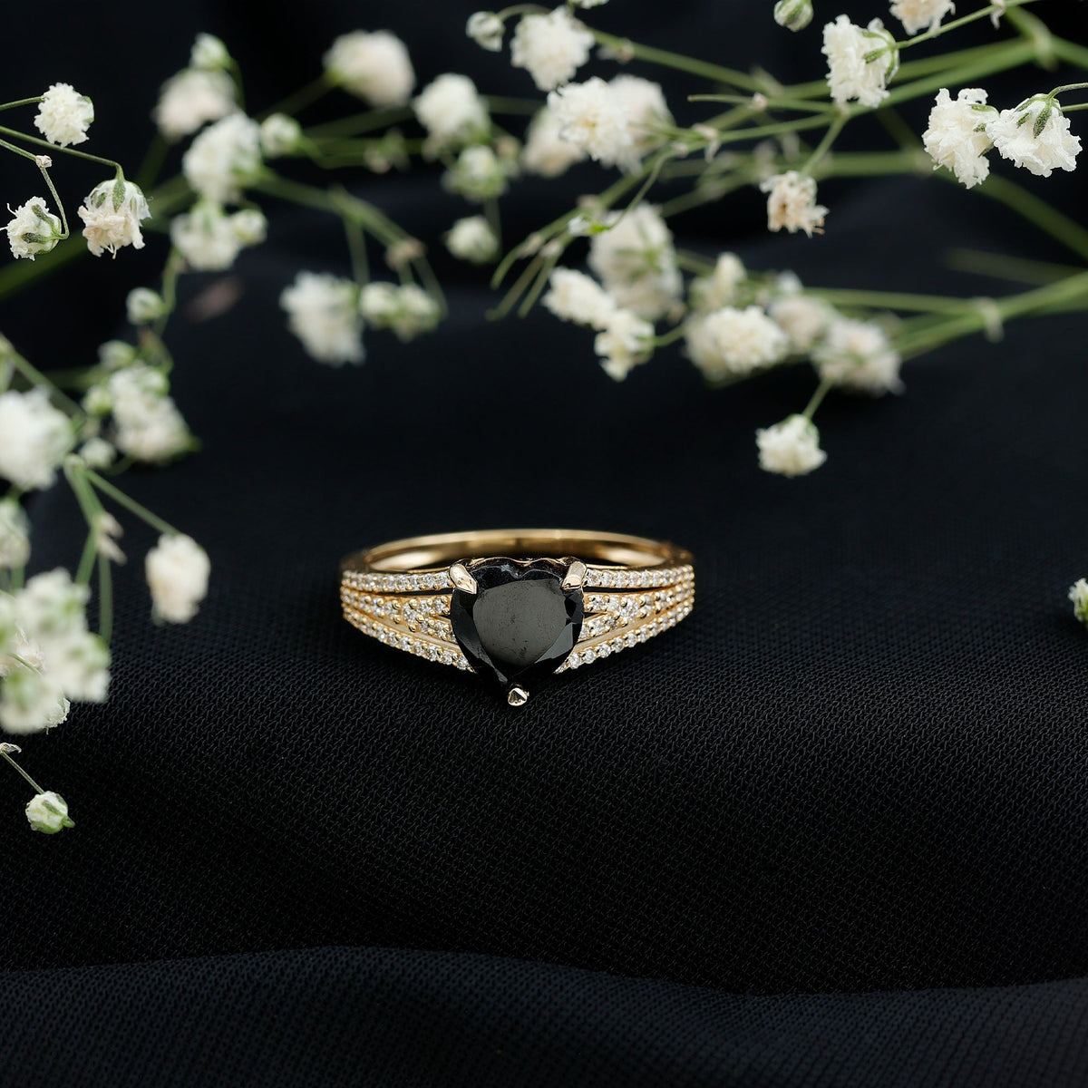 Certified 2.4 Carat Lab Grown Black Diamond Heart Engagement Ring with White Diamond Split Shank