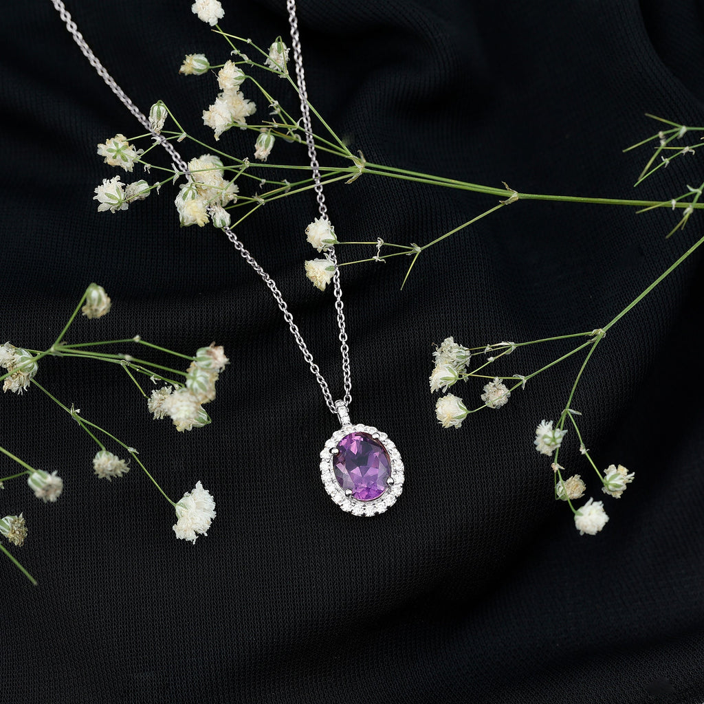 Certified 2.5 Carat Amethyst Oval Necklace with Moissanite Halo