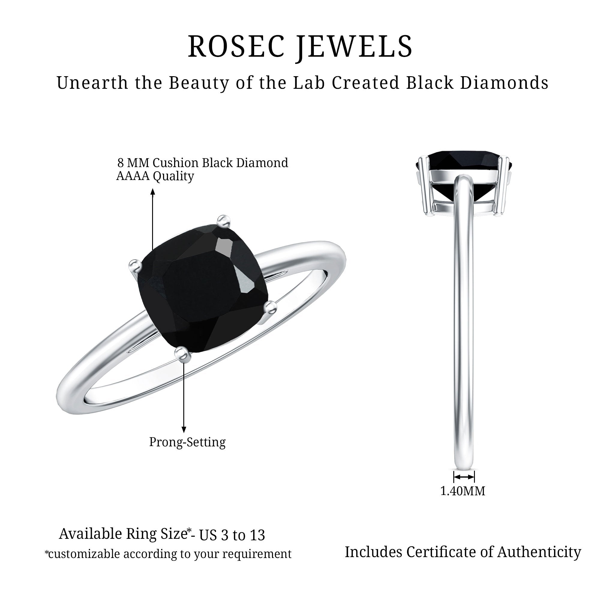 Certified 2.8 Carat Lab Grown Black Diamond Cushion Cut Engagement Ring