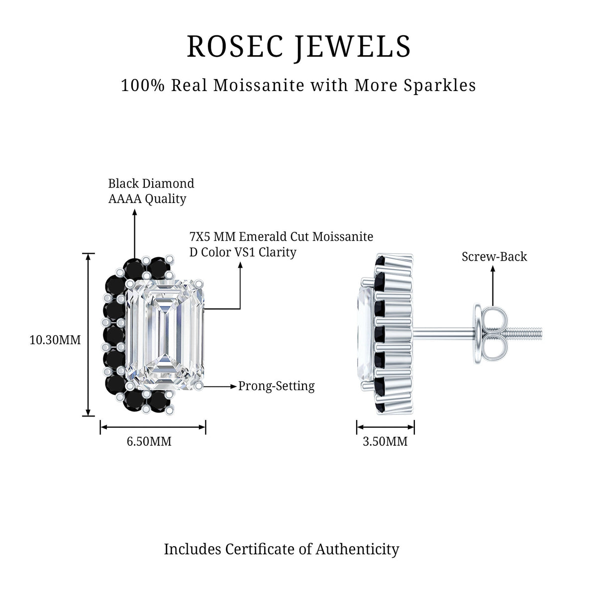 Certified 3.4 Carat Moissanite Stud Earrings with Lab Grown Black Diamond