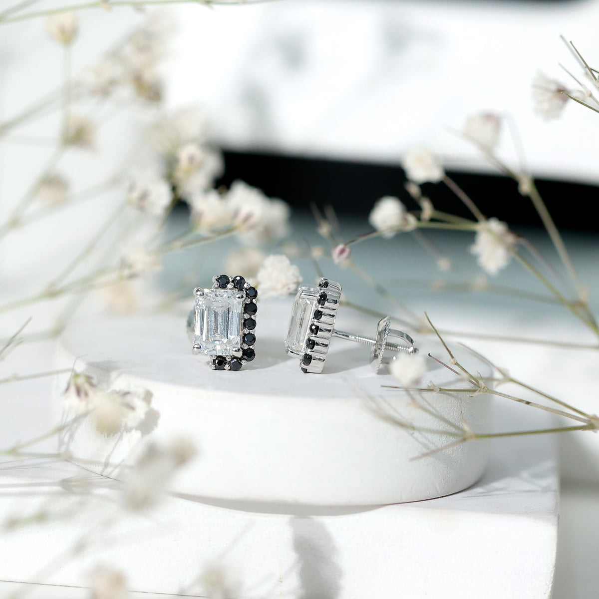 Certified 3.4 Carat Moissanite Stud Earrings with Lab Grown Black Diamond