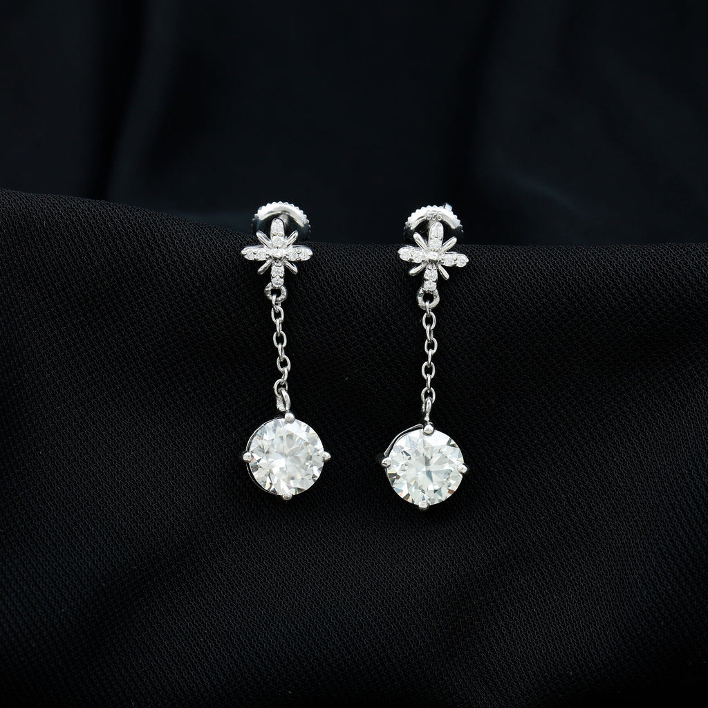 Certified 4 Carat Round Lab Grown Diamond Flower Dangle Earrings