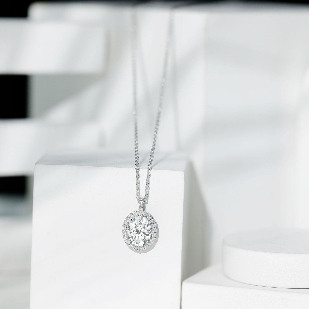 Certified 8X10 MM Oval Cubic Zirconia Halo Pendant with Chain
