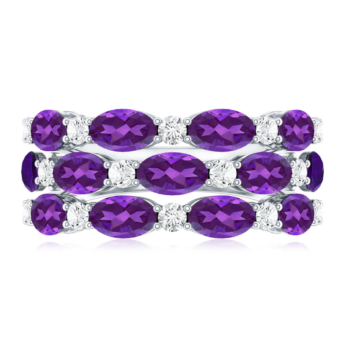 Certified Amethyst and Moissanite Three Row Wedding Band