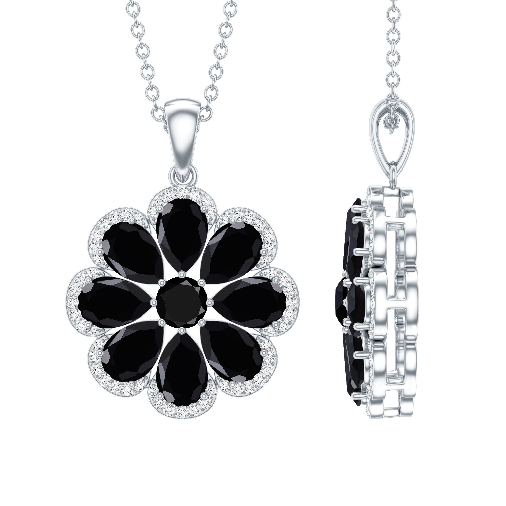 Certified Black Spinel Flower Necklace with Moissanite Halo