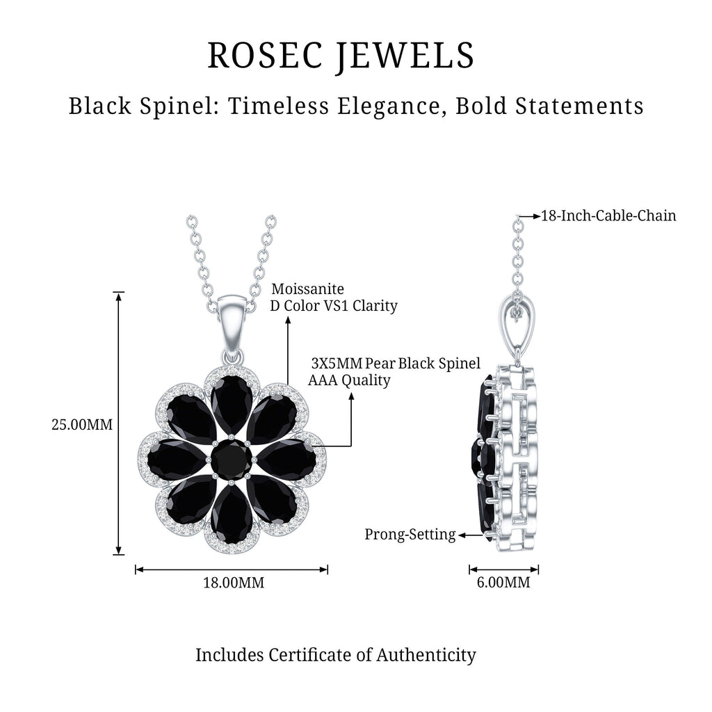 Certified Black Spinel Flower Necklace with Moissanite Halo