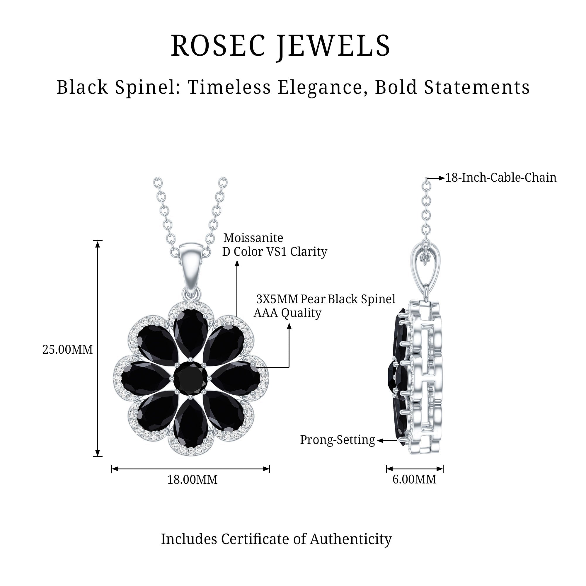 Certified Black Spinel Flower Necklace with Moissanite Halo