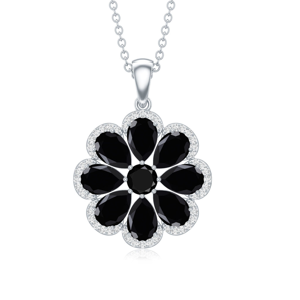 Certified Black Spinel Flower Necklace with Moissanite Halo