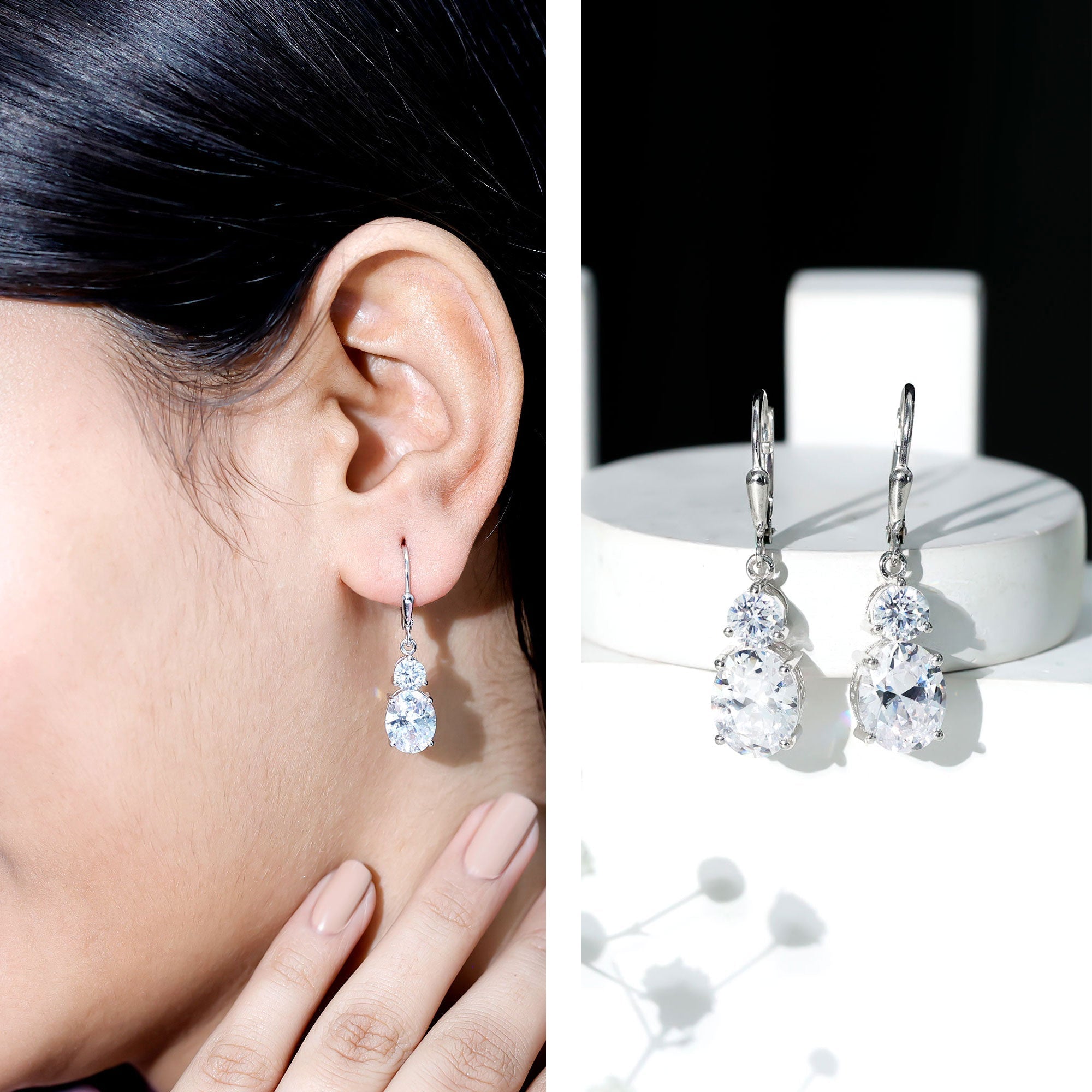 Certified Cubic Zirconia Hoop Drop Earrings with Lever Back