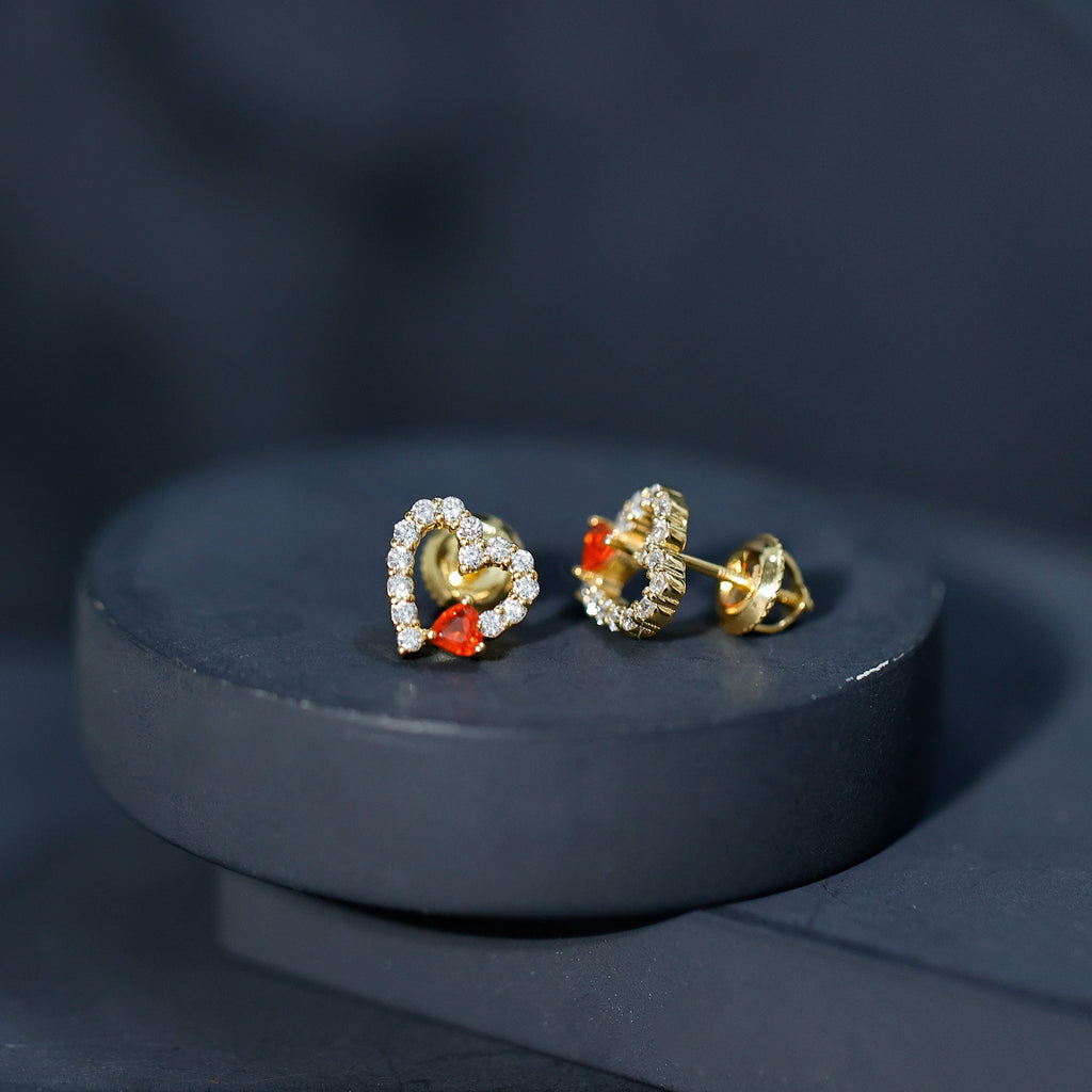 Certified Fire Opal and Diamond Heart Stud Earrings in Silver