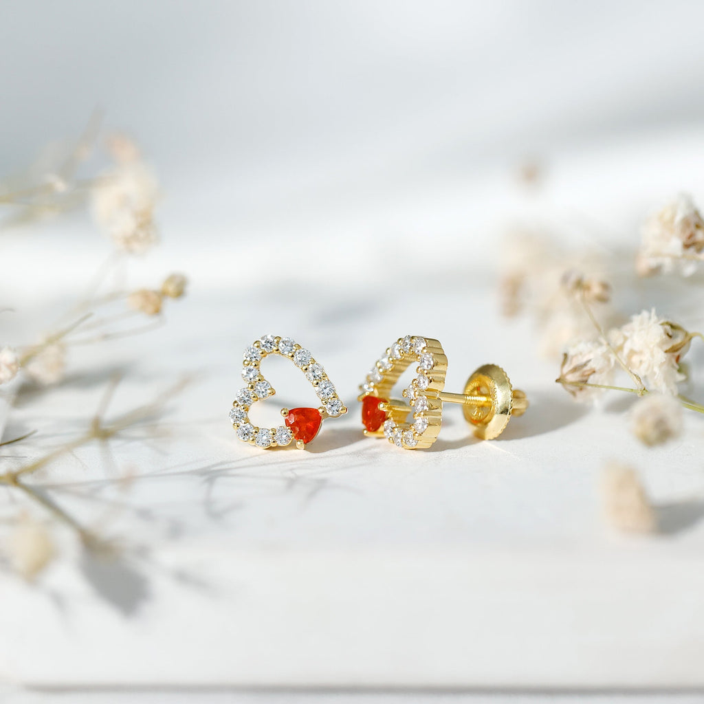 Certified Fire Opal and Diamond Heart Stud Earrings in Silver