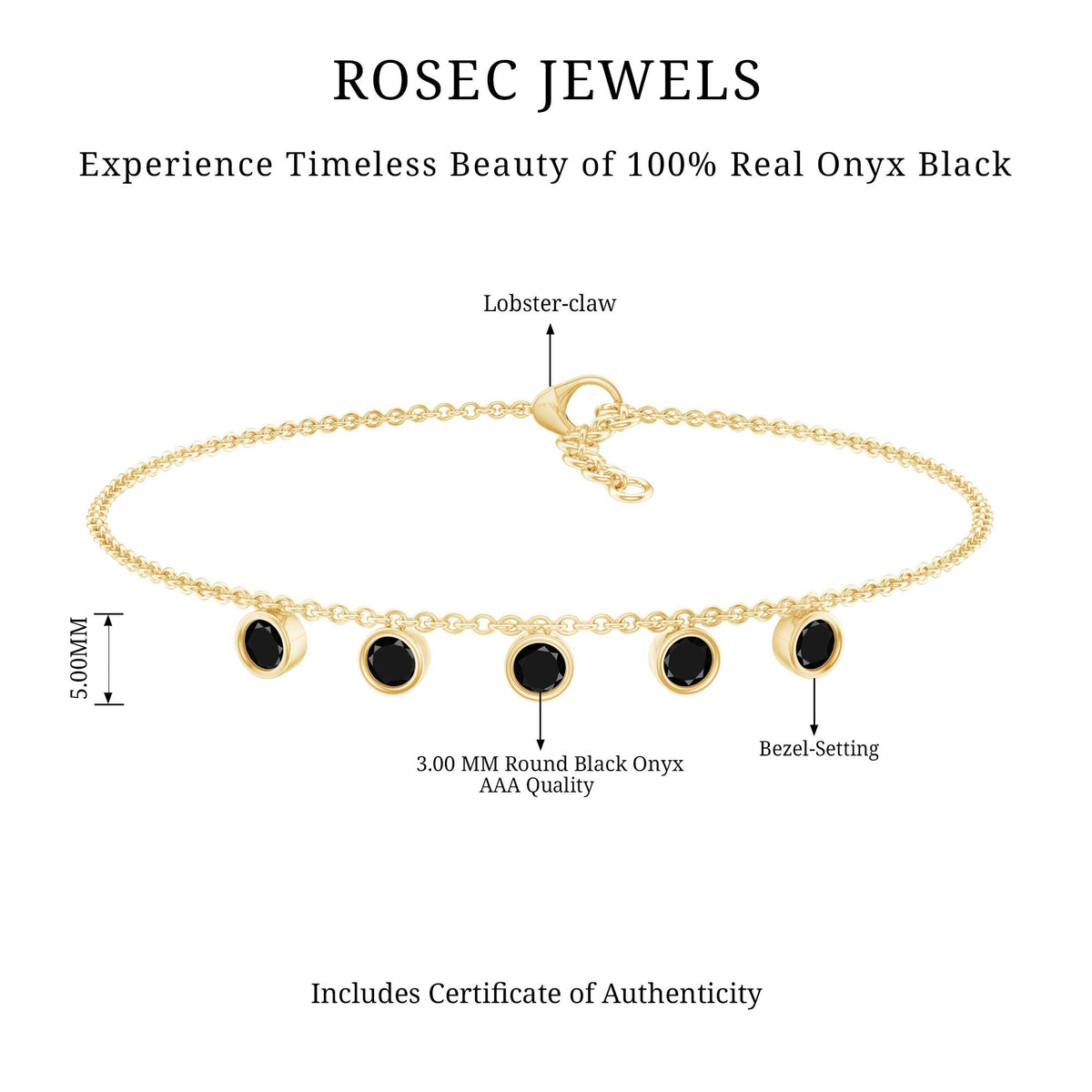 Certified Five Stone Black Onyx Charm Bracelet for Women