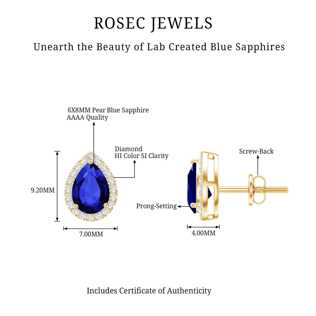 Certified Lab Created Blue Sapphire and Diamond Stud Earrings