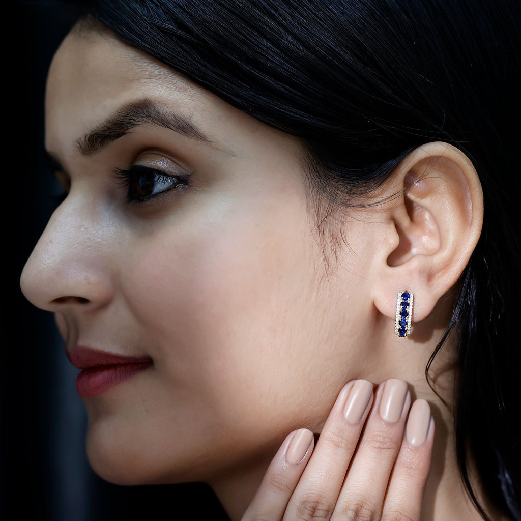 Certified Lab Created Blue Sapphire Hoop Earrings With Diamond