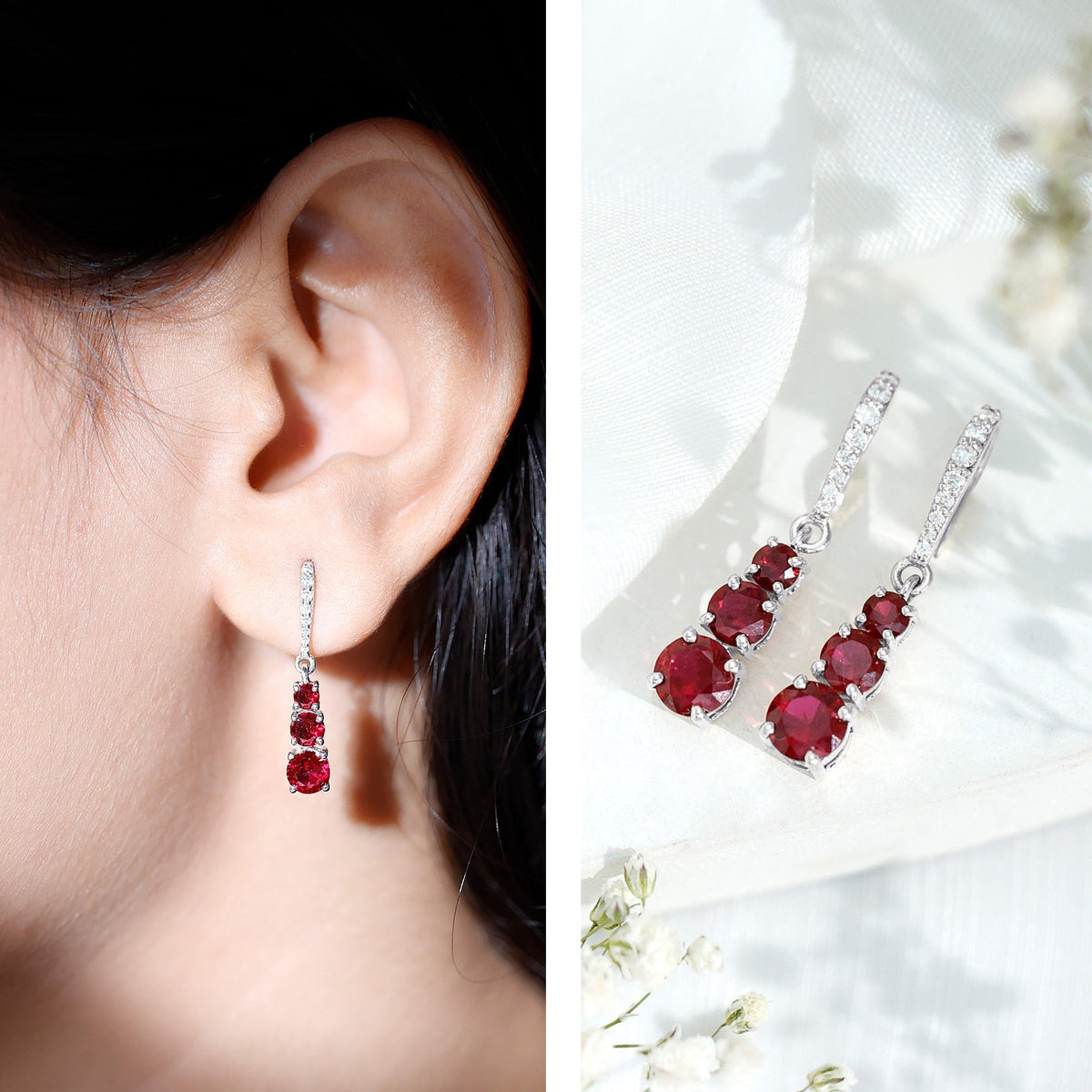 Certified Lab Created Ruby Three Stone Dangle Earrings with Moissanite