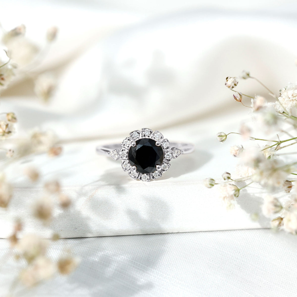 Certified Lab Grown Black Diamond Engagement Ring with Diamond Accent