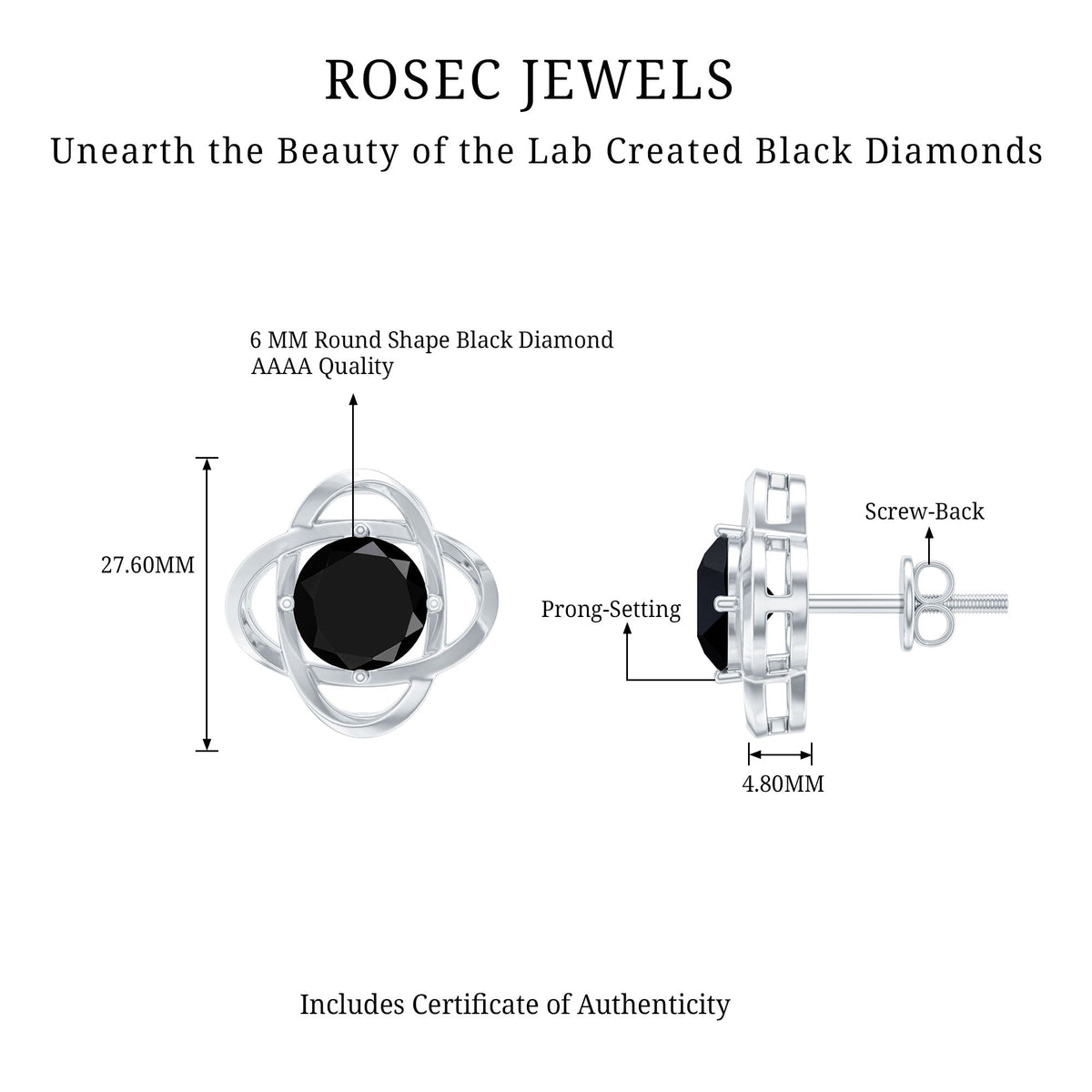 Certified Lab Grown Black Diamond Stud Earrings With Screw Back