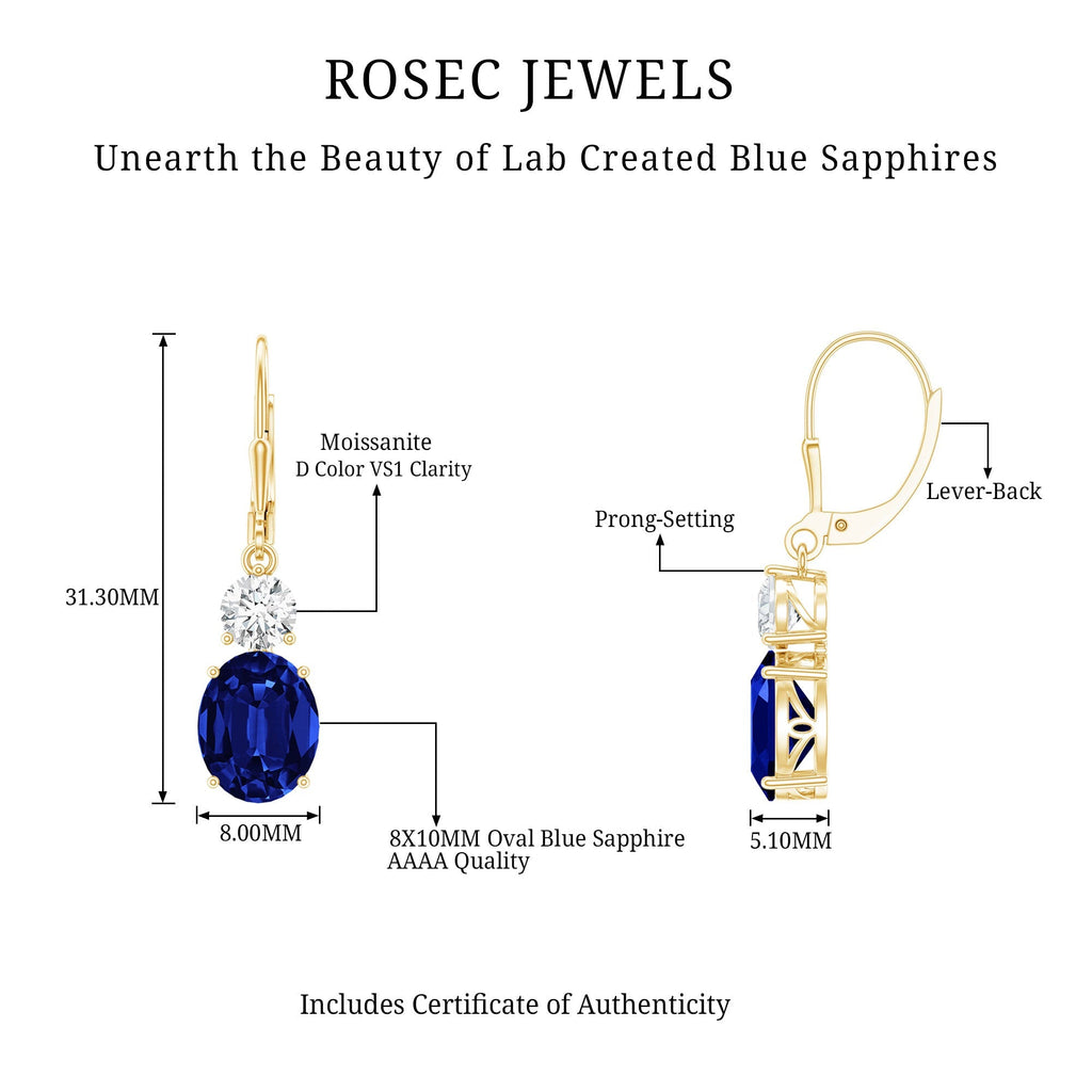 Certified Lab Grown Blue Sapphire and Moissanite Drop Dangle Earrings