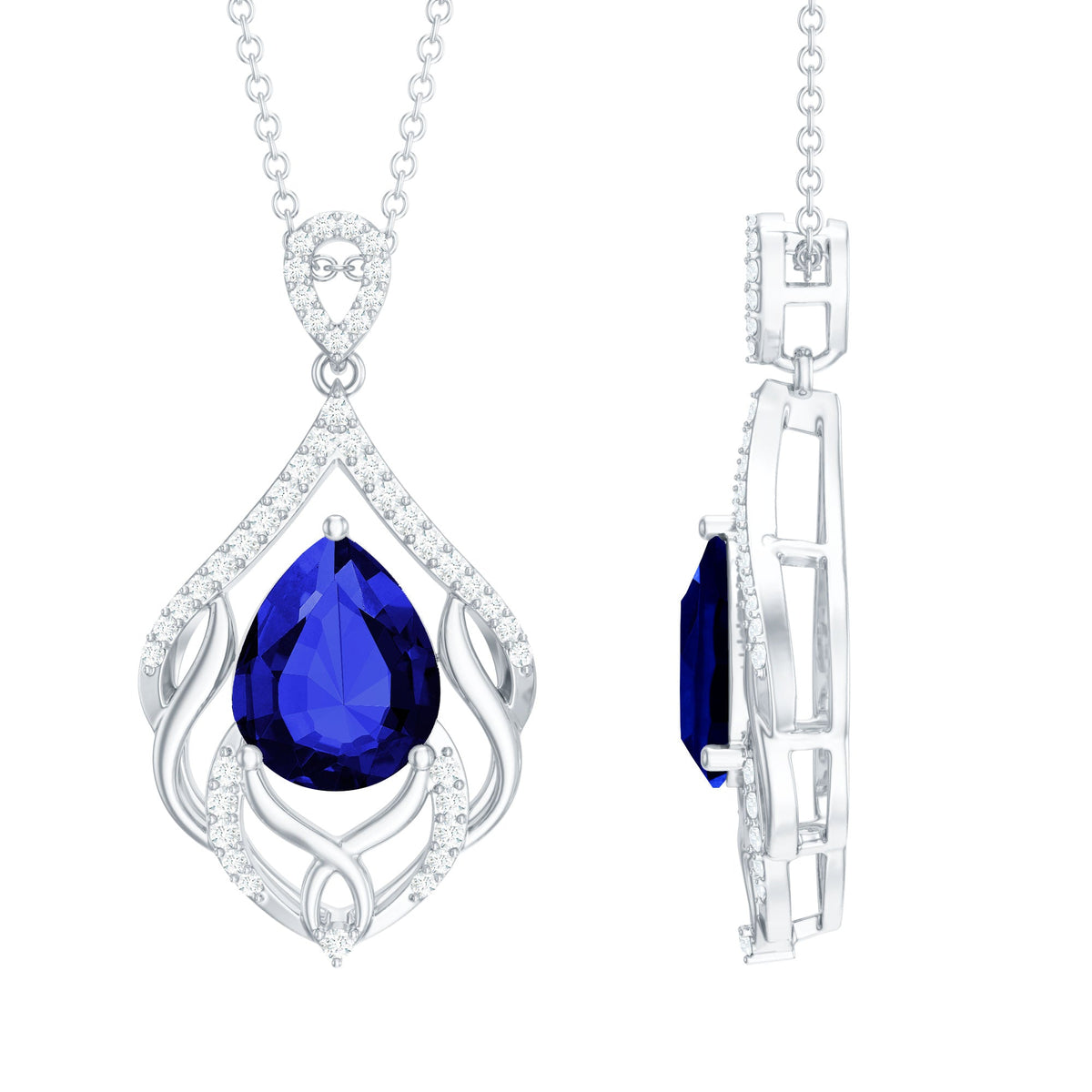 Certified Lab Grown Blue Sapphire Designer Necklace with Diamond Accent