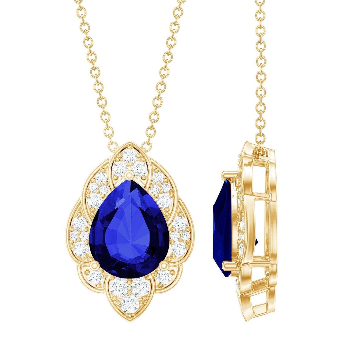Certified Lab Grown Blue Sapphire Petal Necklace with Diamond