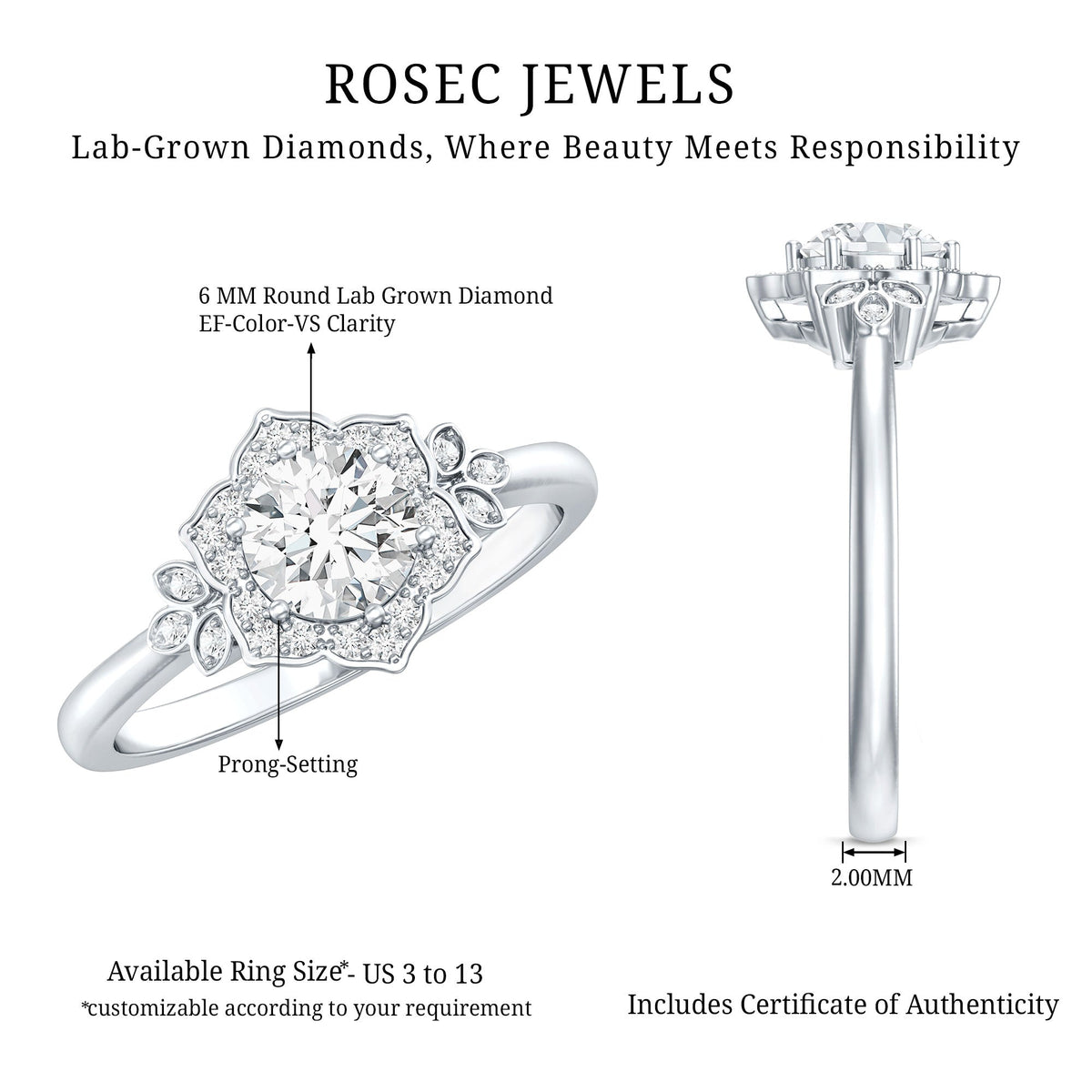 Certified Lab Grown Diamond Art Deco Flower Engagement Ring