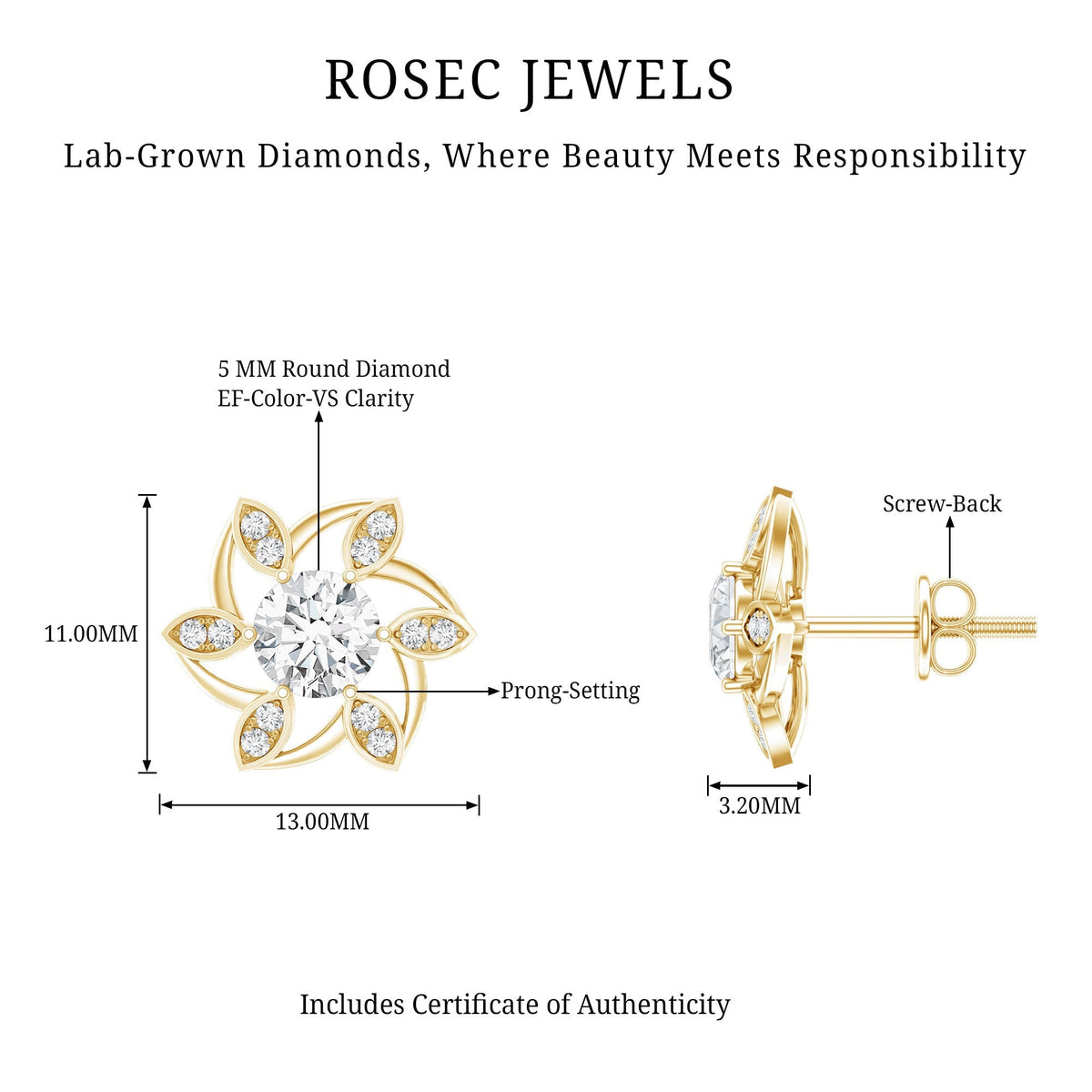 Certified Lab Grown Diamond Flower Stud Earrings With Screw Back