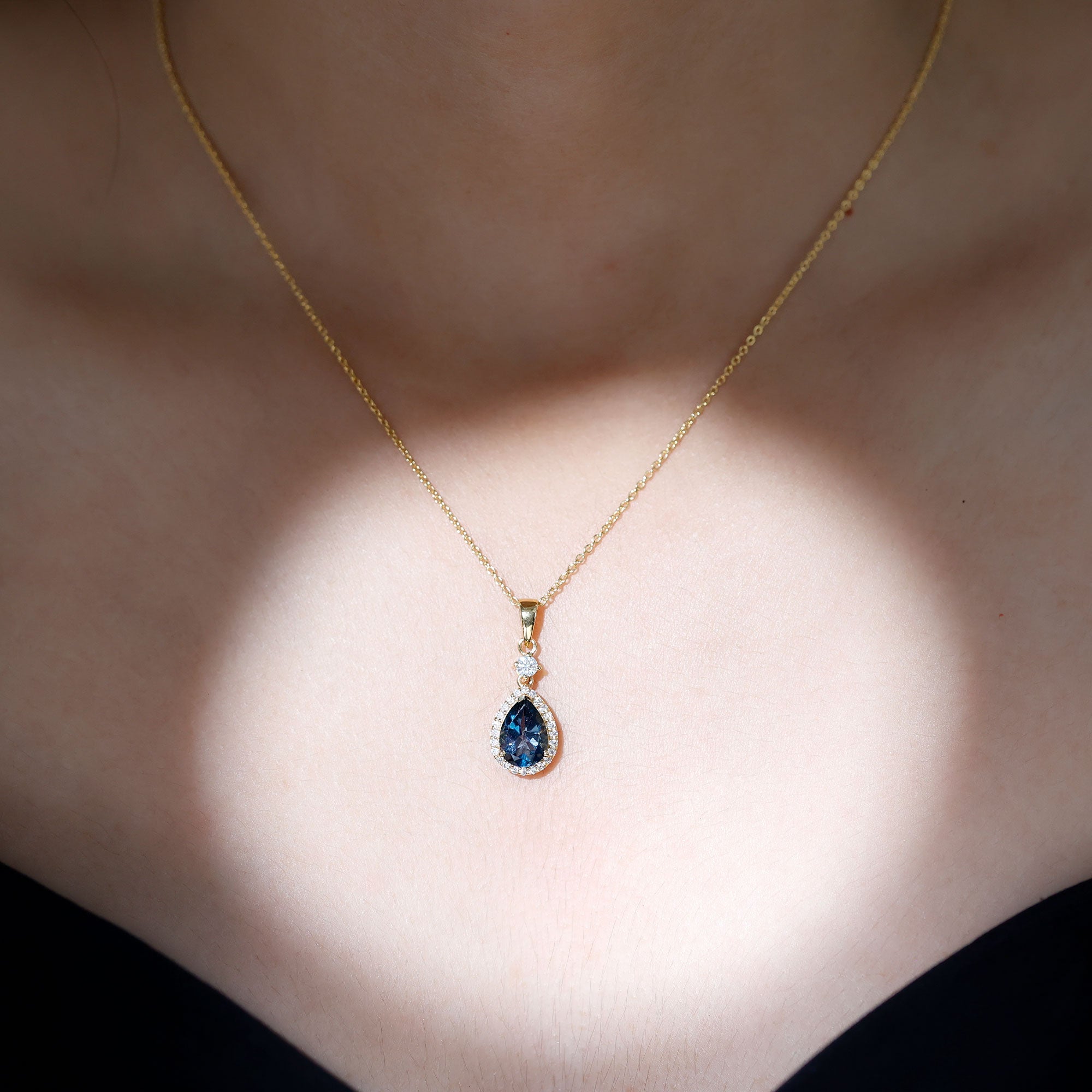 Certified London Blue Topaz Teardrop Necklace with Moissanite Halo