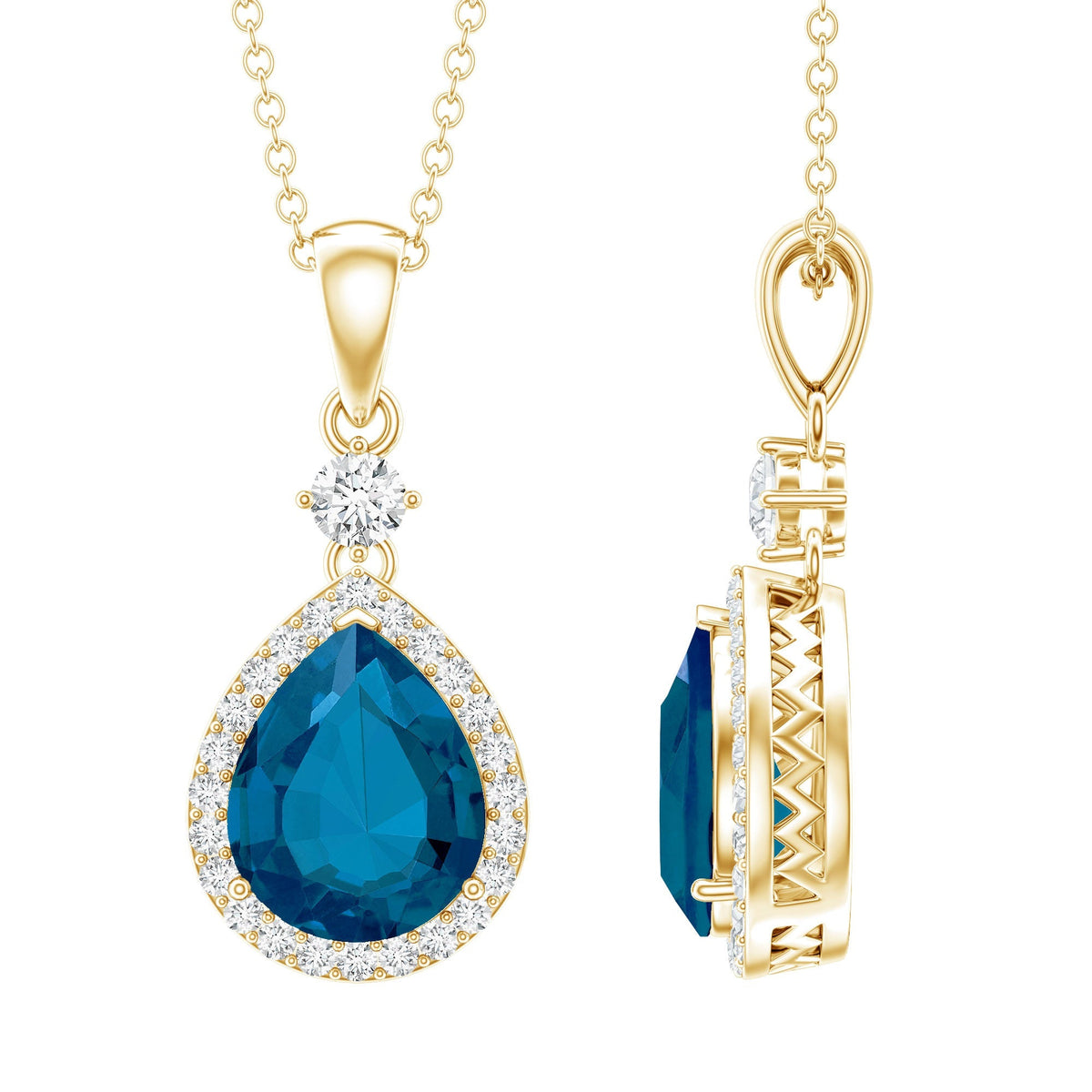 Certified London Blue Topaz Teardrop Necklace with Moissanite Halo