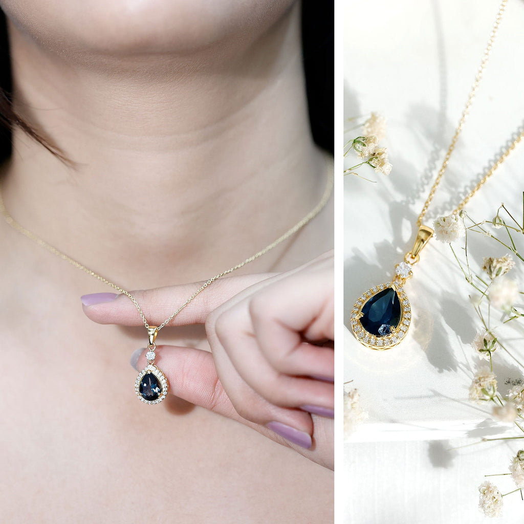 Certified London Blue Topaz Teardrop Necklace with Moissanite Halo