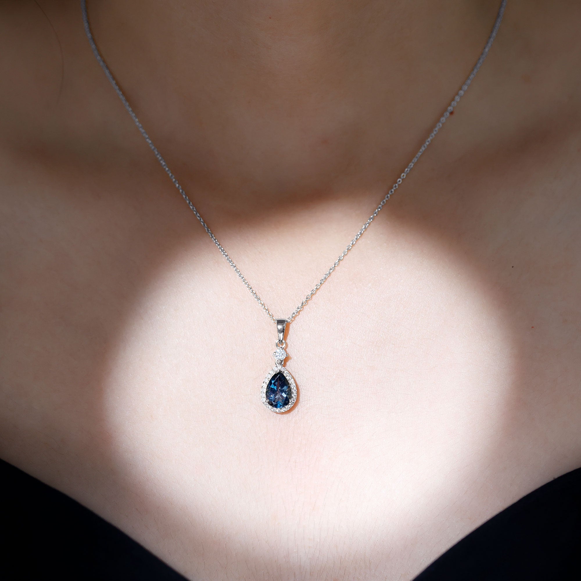 Certified London Blue Topaz Teardrop Necklace with Moissanite Halo
