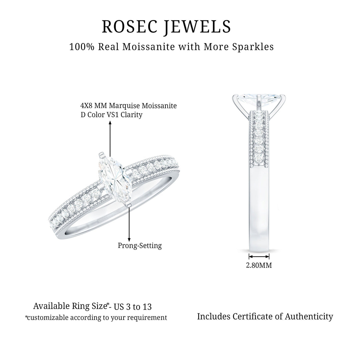 Certified Marquise Cut Moissanite Vintage Solitaire Ring with Side Stones