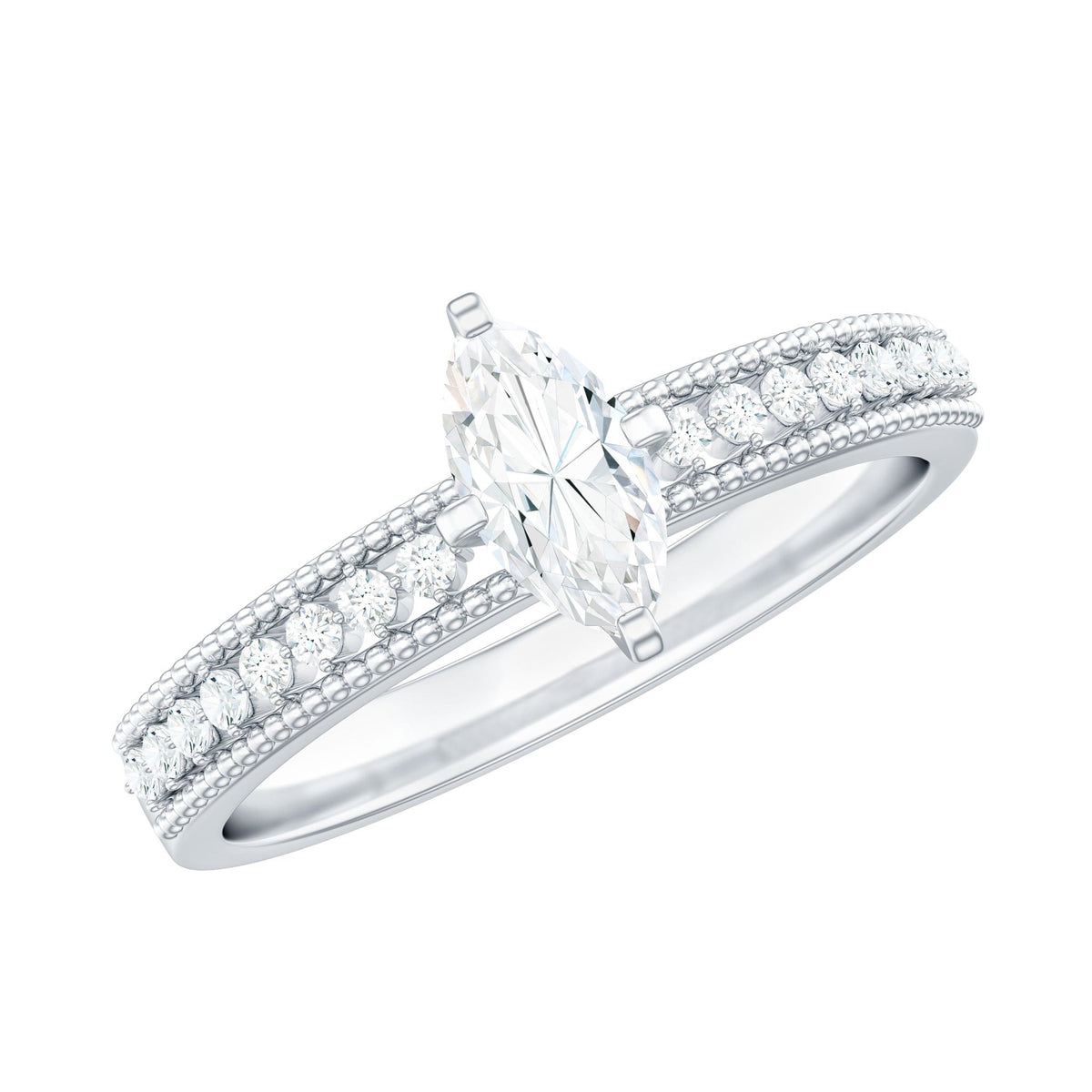 Certified Marquise Cut Moissanite Vintage Solitaire Ring with Side Stones