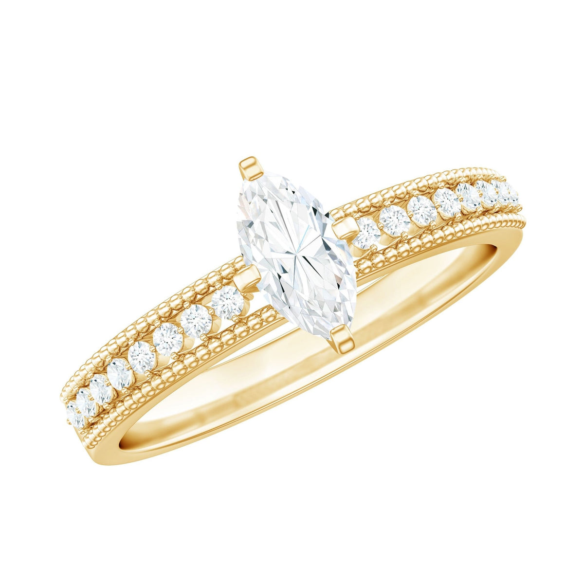 Certified Marquise Cut Moissanite Vintage Solitaire Ring with Side Stones