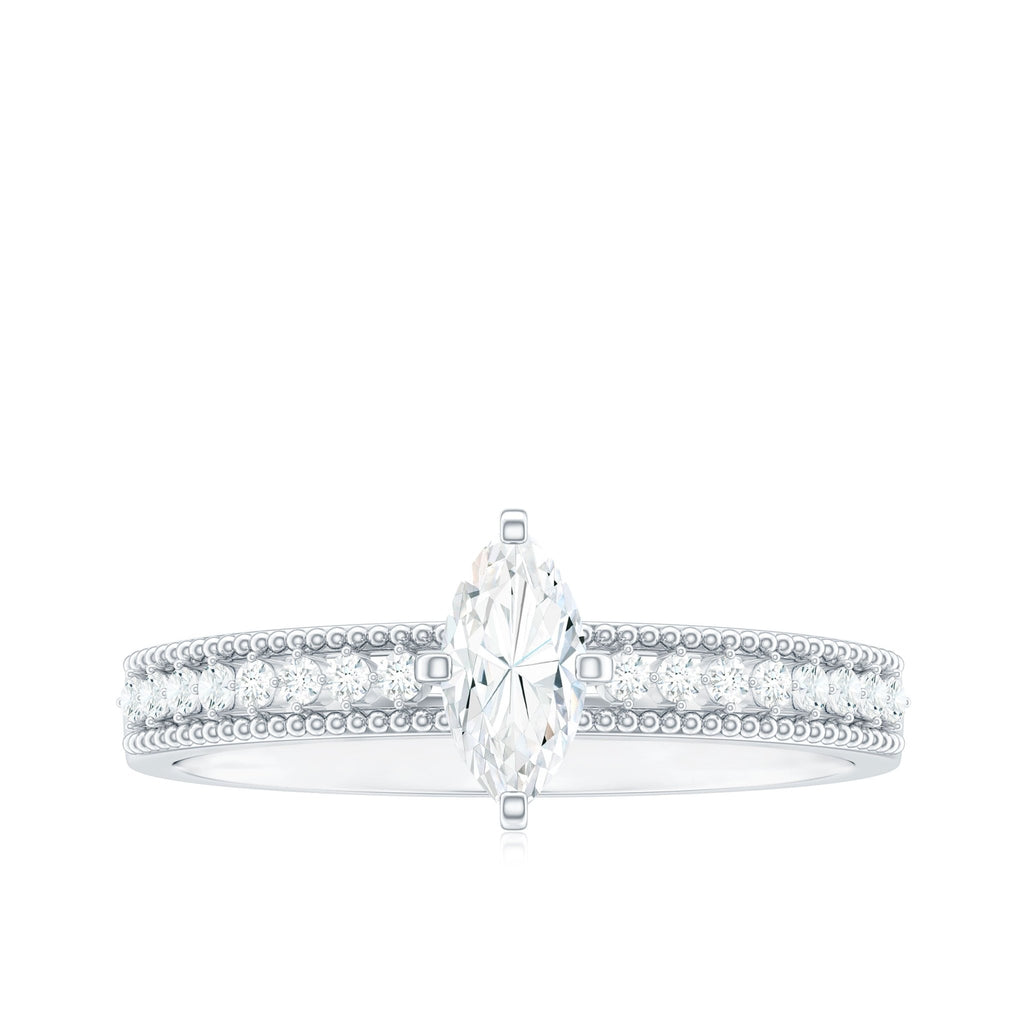 Certified Marquise Cut Moissanite Vintage Solitaire Ring with Side Stones