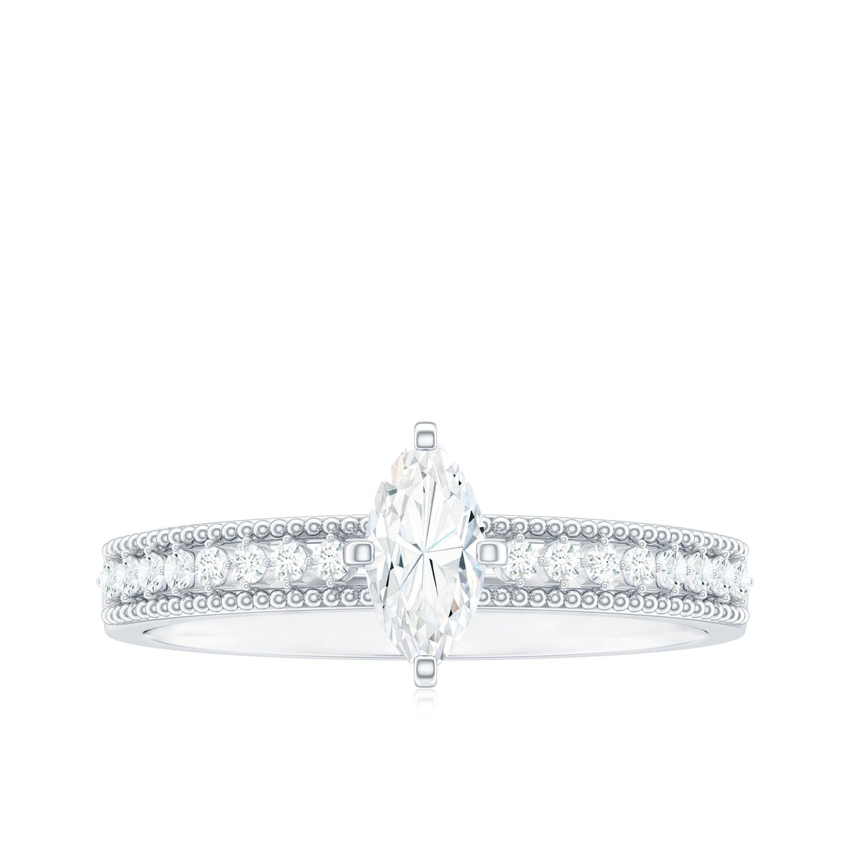 Certified Marquise Cut Moissanite Vintage Solitaire Ring with Side Stones