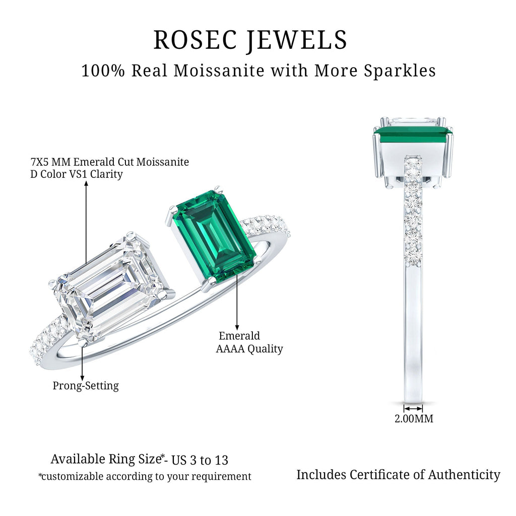 Certified Moissanite and Lab Grown Emerald Toi Et Moi Engagement Ring