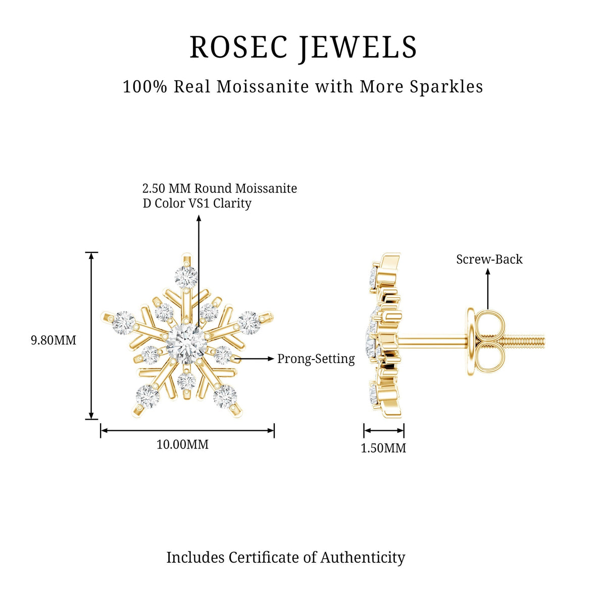 Certified Moissanite Snowflake Stud Earrings for Women