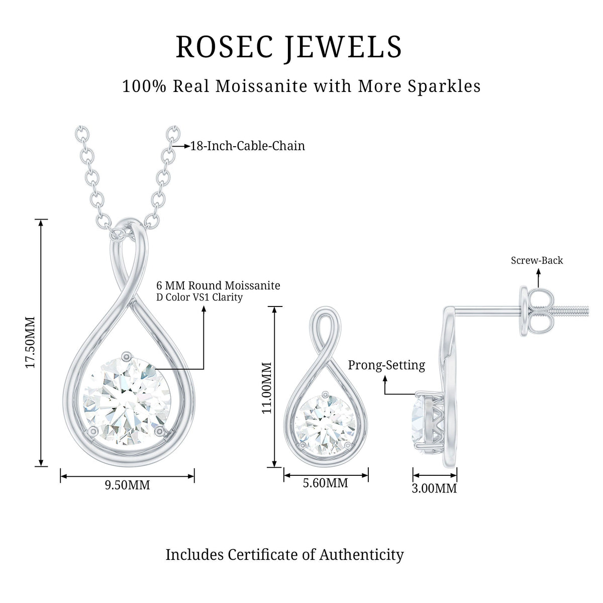 Certified Moissanite Solitaire Infinity Jewelry Set