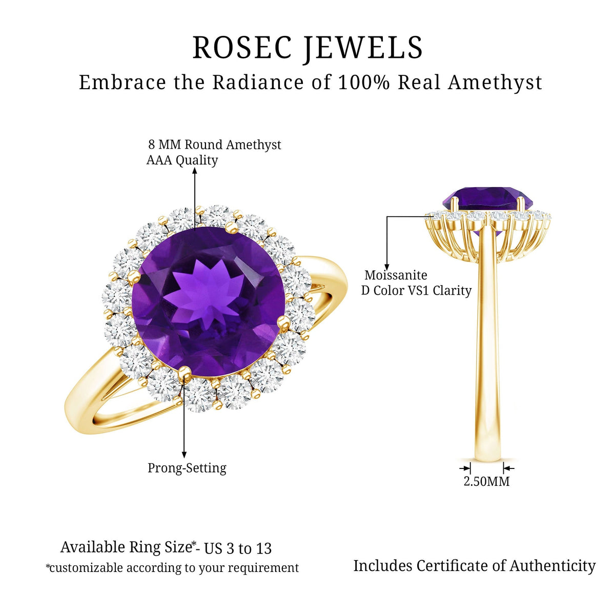 Certified Natural 2 Carat Amethyst Engagement Ring with Moissanite Halo