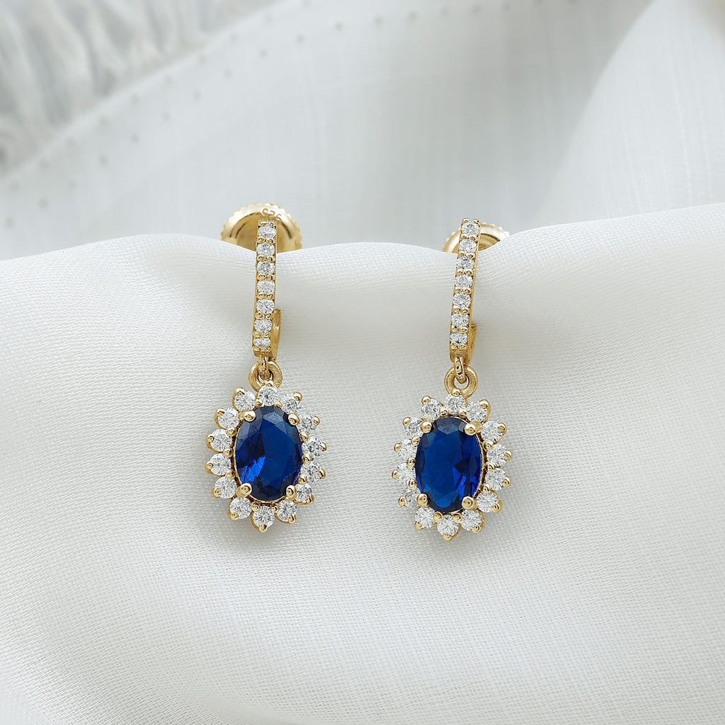 Certified Oval Lab Grown Blue Sapphire Hoop Drop Earrings with Moissanite