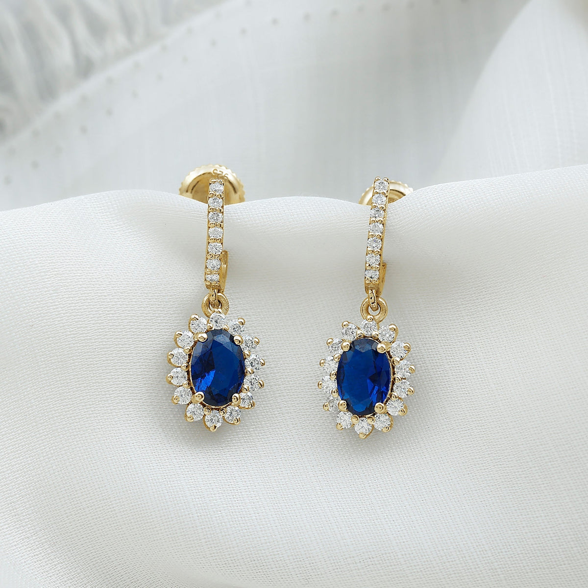 Certified Oval Lab Grown Blue Sapphire Hoop Drop Earrings with Moissanite