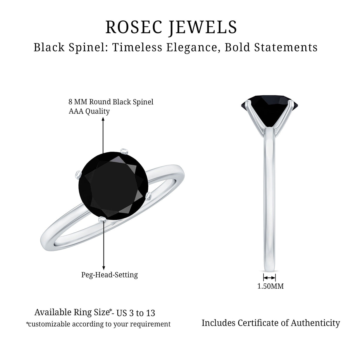 Certified Real 2.6 Carat Black Spinel Solitaire Engagement Ring