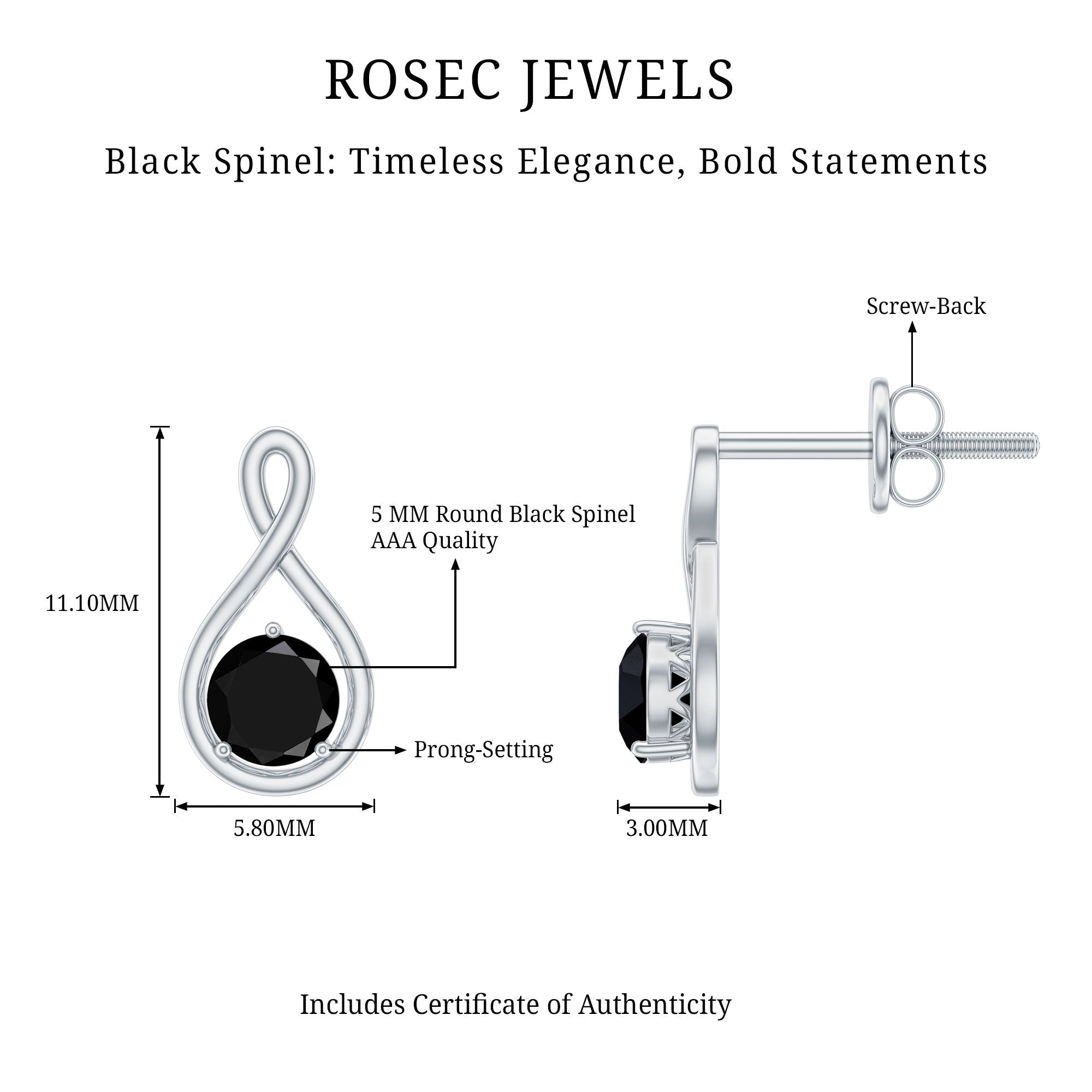Certified Real Black Spinel Infinity Earrings with Screw Back