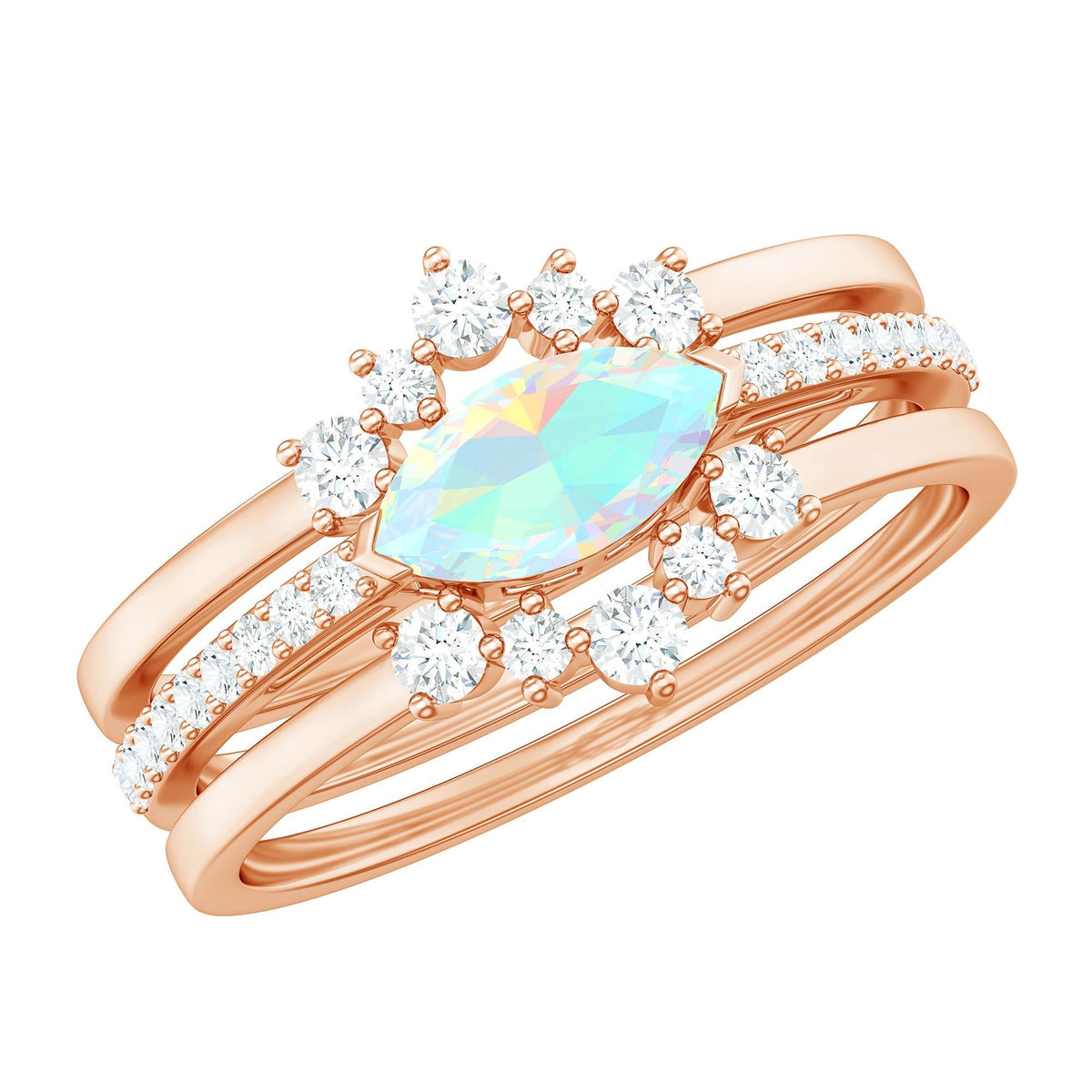 Certified Real Ethiopian Opal Diamond Wedding Bridal Ring Set of 3