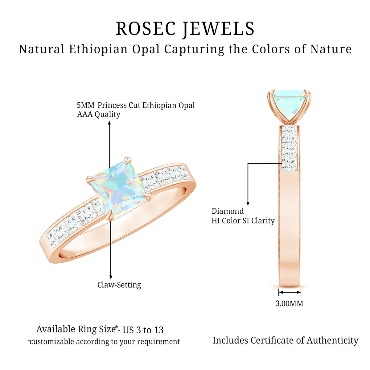 Certified Real Ethiopian Opal Princess Cut Engagement Ring with Diamond