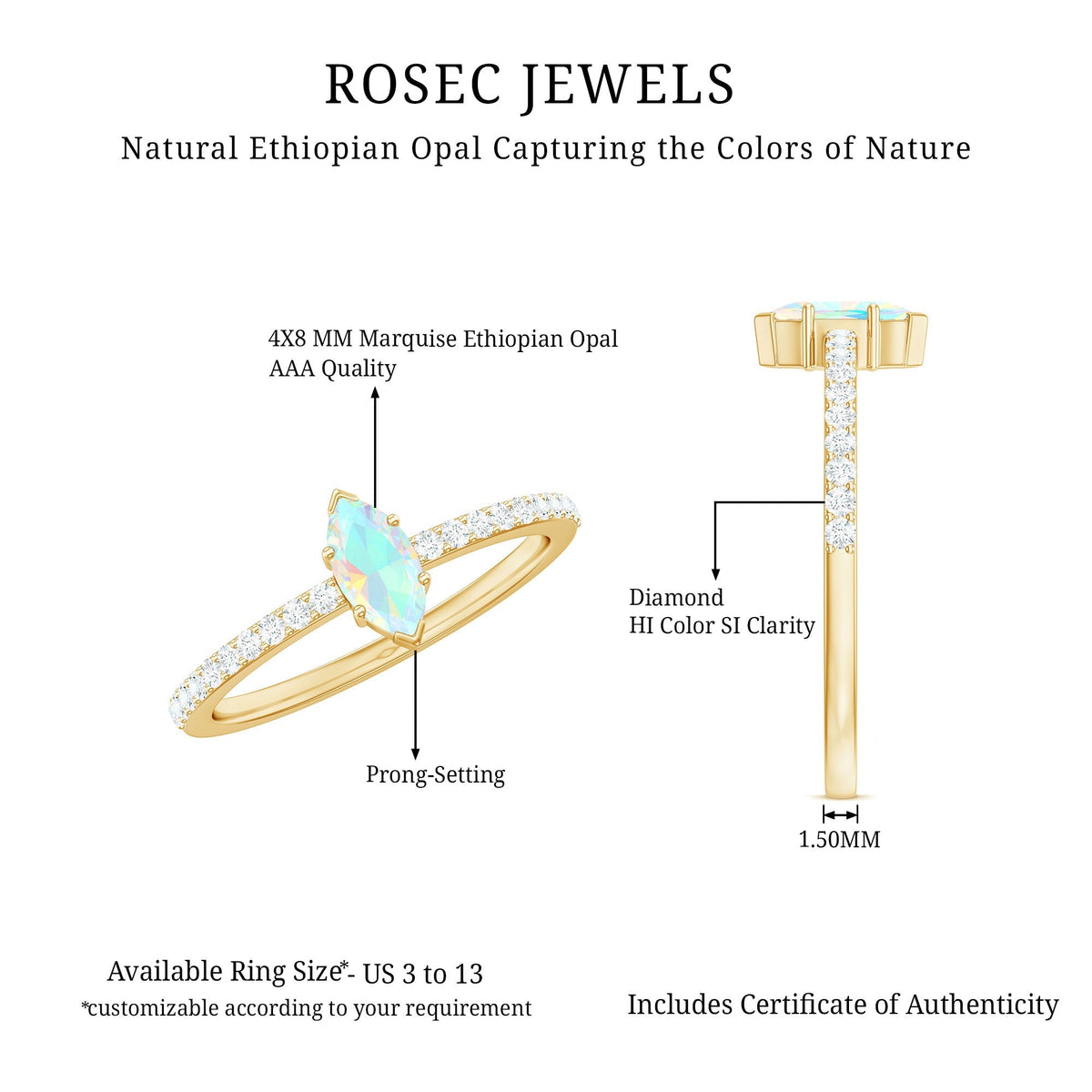 Certified Real Marquise Ethiopian Opal Promise Ring with Diamond